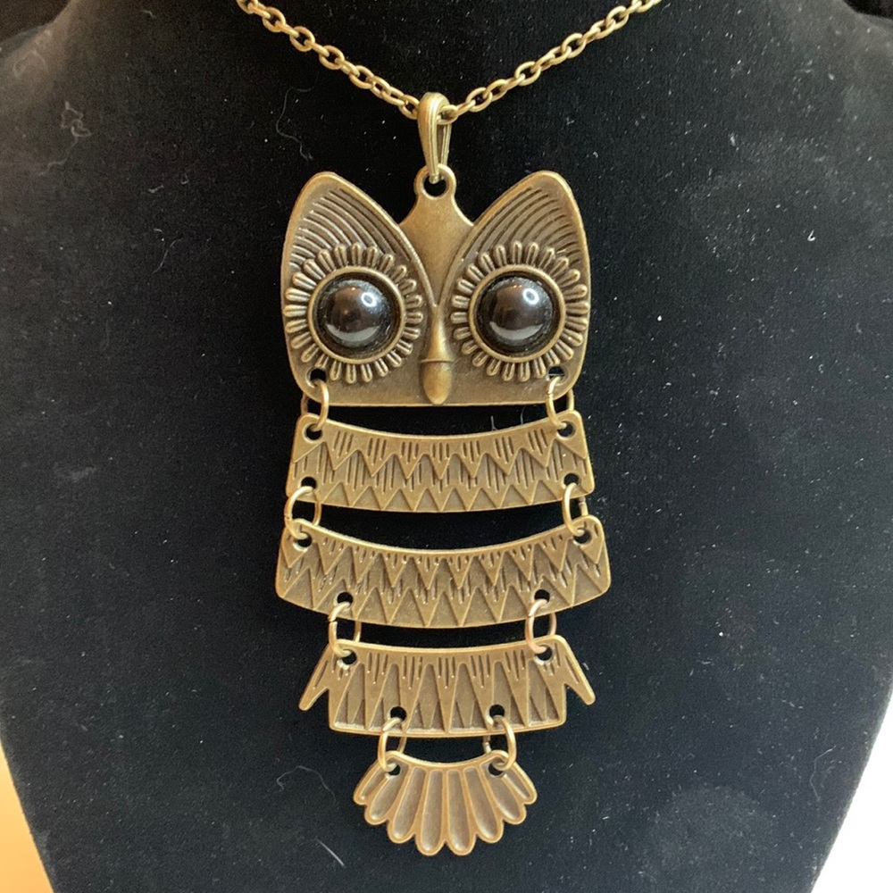 Retro 70’s Owl Necklace Burnished Bronze 26” Chain